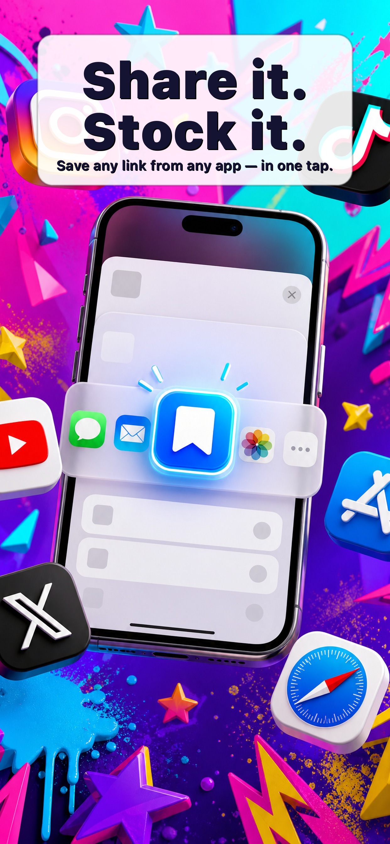 LinkStock English preview showing one tap link saving